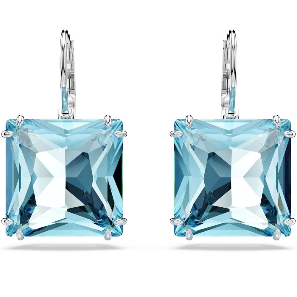 Swarovski Millenia Earrings, Square cut crystal, Blue, Rhodium plated